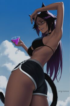 1girl ai-assisted alternate_costume animal_ears arm_up armpits artist_name ass bare_arms bikini bikini_top_only black_bow black_choker black_nails black_shorts bleach blonde_hair blue_sky bow breasts cat_ears cat_girl cat_tail choker clothing_cutout cloud commentary dark-skinned_female dark_skin dolphin_shorts drink english_commentary from_below from_side highres holding holding_drink large_breasts long_hair looking_at_viewer nail_polish parted_bangs presenting_own_armpit prixmal purple_hair shihouin_yoruichi short_shorts shorts sky solo swimsuit tail tail_through_clothes teeth thighs upper_teeth_only very_long_hair yellow_eyes