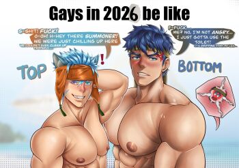 Rule 34 | !, 2boys, absurdres, anger vein, animal ears, arm behind head, bara, blue eyes, blue hair, cat boy, cat ears, commentary, english commentary, english text, fire emblem, fire emblem: radiant dawn, fire emblem heroes, green headband, headband, heterochromia, highres, ike (fire emblem), large pectorals, male focus, male impregnation, meme, multiple boys, muscular, muscular male, nintendo, nipples, pectorals, purple eyes, ranulf (fire emblem), slit pupils, speech bubble, teeth, upper body, vocalartso, yaoi