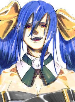 1girl bare_shoulders blue_hair bow breasts cleavage collarbone commentary_request detached_collar dizzy_(guilty_gear) guilty_gear hair_between_eyes hair_bow highres long_hair looking_at_viewer multiple_hair_bows open_mouth portrait raised_inner_eyebrows red_eyes simple_background solo storyteller777 straight-on twintails white_background yellow_bow