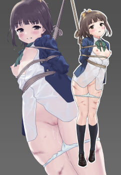 1girl arms_behind_back bdsm black_shoes black_socks blue_jacket blunt_bangs blush bound bound_arms bow bowtie breasts brown_eyes brown_hair censored collared_shirt commentary_request commission cowboy_shot crying crying_with_eyes_open from_below full_body funitarefu green_bow green_bowtie grey_background hair_bow high_ponytail highres hisami_nanami jacket kneehighs loafers loli looking_at_viewer medium_hair mosaic_censoring multiple_views nipples open_clothes open_jacket outline panties panty_pull parted_lips partially_open_shirt pixiv_commission ponytail pussy pussy_juice shibari shirt shoes sidelocks simple_background small_breasts socks tears underwear variant_set wake_up_girls! whip_marks white_outline white_panties white_shirt yellow_bow