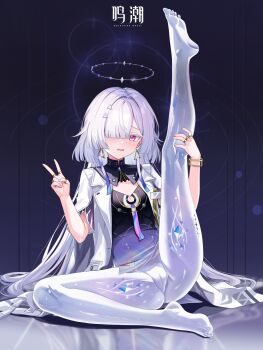 1girl absurdres barefoot blush breasts colored_eyelashes commentary_request dress earrings embarrassed feet grey_hair hair_intakes hair_ornament hair_over_one_eye halo hand_up highres jacket jewelry leg_up long_hair looking_at_viewer mornye_(wuthering_waves) open_mouth purple_dress pussy red_eyes see-through_body sitting small_breasts soles solo tacet_mark_(wuthering_waves) thighs toes triangle_earrings v very_long_hair white_jacket wuthering_waves xiongji_z_z