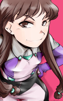 &gt;:) 1girl artist_name bad_id bad_pixiv_id brown_eyes brown_hair dual!_parallel_trouble_adventure female_focus long_hair low_twintails mike156 pink_background sanada_mitsuki smile solo twintails v-shaped_eyebrows