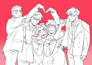 Rule 34 | 2girls, 3boys, blush, collared shirt, commentary, cowboy shot, everyone, grin, hair over shoulder, heart arms, heart arms team, jacket, jung heewon, kim dokja, lee hyunsung, lee jihye, long hair, looking at viewer, multiple boys, multiple girls, multiple scars, necktie, nemomosso, omniscient reader's viewpoint, partially colored, scar, scar on arm, shirt, short hair, smile, standing, symbol-only commentary, yoo joonghyuk