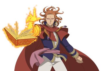 Rule 34 | 1boy, absurdres, black clover, black clover m: rise of the wizard king, blue jacket, book, brown hair, cape, facial mark, fire, forehead mark, fuegoleon vermillion, grimoire, highres, jacket, long hair, looking at viewer, non-web source, official art, open book, pants, pink sash, pyrokinesis, red cape, sash, simple background, solo, transparent background, waist sash, white pants