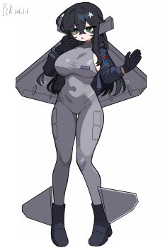 1girl absurdres aircraft airplane black_hair bodysuit breasts commentary_request covered_navel fighter_jet flag gloves green_eyes grey_bodysuit headgear highres jacket large_breasts mecha_musume military_vehicle open_clothes open_jacket original parted_lips pckcool people's_liberation_army_navy_air_force personification shenyang_j-35 solo white_background