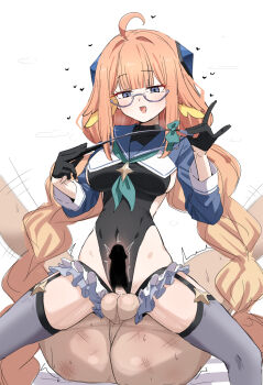 1boy 1girl black_gloves black_leotard blue_archive blue_shrug braid braided_twintails breasts clothed_female_nude_male covered_navel crotchless crotchless_leotard donutman feather_hair frills garter_straps girl_on_top glasses gloves half_gloves halo heart hetero highleg highleg_leotard highres holding holding_riding_crop large_breasts leotard low_twin_braids no_halo nude official_alternate_costume orange_hair riding_crop semi-rimless_eyewear sex shimiko_(blue_archive) shimiko_(magical)_(blue_archive) shrug_(clothing) slap_mark smile spread_legs testicles thighhighs twin_braids vaginal x-ray