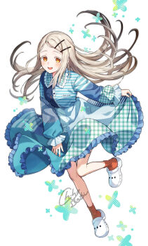 1girl aqua_dress blush colored_eyelashes commentary_request crocs dress flipped_hair frilled_shirt_collar frills full_body gakuen_idolmaster gradient_hair grey_hair highres idolmaster long_hair long_sleeves looking_at_viewer multicolored_hair orange_eyes orange_socks puffy_long_sleeves puffy_sleeves shinishi_chiho shinosawa_hiro shoes signature skirt_hold smile socks solo very_long_hair white_shoes