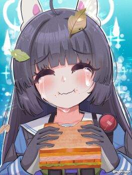 1girl ahoge animal_ears armband black_armband black_gloves black_hair blue_archive blue_shirt blush closed_eyes closed_mouth collarbone crying dated eating fake_animal_ears food gloves green_neckerchief halo happy_tears highres holding holding_food leaf leaf_on_head long_hair miyu_(blue_archive) neckerchief nyahiro rabbit_ears sailor_collar sandwich school_uniform serafuku shirt sidelocks skirt smile sobbing solo sparkle sparkle_background tears thick_eyebrows twitter_username very_long_hair white_halo white_sailor_collar