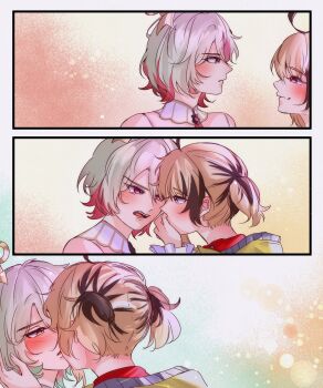 2girls blush brown_streaks cecilia_immergreen cecilia_immergreen_(1st_costume) cecilia_immerred closed_mouth commentary covering_another's_mouth dark_persona doll_joints english_commentary gigi_murin gigi_murin_(1st_costume) green_streaks highres hololive hololive_english joints kiss looking_at_another multiple_girls parted_lips pink_streaks purple_eyes rainingpeanutss short_hair short_twintails smile twintails virtual_youtuber white_hair winding_key yuri