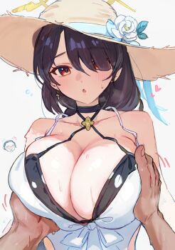 1boy 1girl bikini black_bikini black_hair blue_archive blush braid braided_ponytail breasts casual_one-piece_swimsuit cleavage commentary criss-cross_halter cross cross_earrings double_bikini earrings flower grabbing_another's_breast groping hair_over_one_eye halo halterneck hat hat_flower heart highres hinata_(blue_archive) hinata_(swimsuit)_(blue_archive) jewelry large_breasts layered_swimsuit long_hair looking_at_viewer official_alternate_costume one-piece_swimsuit red_eyes straw_hat sun_hat swimsuit untranslatable_commentary white_one-piece_swimsuit yellow_halo yellow_hat yomizu_(rdad3278)