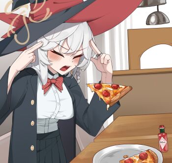 1girl black_skirt blue_archive blush bow bowtie braid breasts chirpy closed_eyes eri_(blue_archive) finger_to_head food halo hat highres indoors jacket large_breasts long_hair long_sleeves open_mouth pizza red_bow red_bowtie restaurant shirt skirt solo tabasco white_hair white_shirt witch_hat
