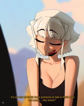 1girl black_sports_bra blurry blurry_background breasts cleavage closed_eyes collarbone commentary day english_commentary english_text grawlix_(shibansfw) highres large_breasts open_mouth original outdoors parted_bangs raised_eyebrows shibansfw short_hair sidelocks smile solo sports_bra talking upper_body white_hair