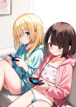 2girls blonde_hair blue_hoodie blue_shirt blush breasts brown_eyes brown_hair camisole commentary_request controller couch game_controller green_eyes hair_over_one_eye hood hoodie jacket knees_up loli long_hair multiple_girls no_pants original panties pink_hoodie pink_jacket playing_games print_camisole sex_toy shirt short_hair sitting small_breasts solo thighs underwear vibrator vibrator_over_clothes white_camisole white_panties yan_(nicknikg)