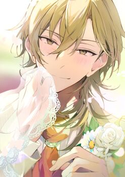 1boy blonde_hair blush boutonniere bridal_veil closed_mouth collared_shirt commentary_request curled_fingers daisy_(flower) ensemble_stars! flower gem gradient_background green_background groom hair_between_eyes hakaze_kaoru highres jacket kaoso lace-trimmed_veil lace_trim light_rays long_sleeves looking_at_viewer male_focus medium_hair necktie orange_necktie pearl_(gemstone) portrait pov_adoring rose shirt smile solo veil white_flower white_rose white_shirt wolf_cut yellow_eyes yellow_jacket