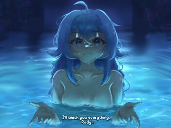 1girl ahoge blue_eyes blue_hair blush breasts chainsaw_man english_text h3p0 hair_between_eyes highres i&#039;ll_teach_you_everything_(chainsaw_man) long_hair looking_at_viewer mushoku_tensei nude open_mouth pool roxy_migurdia small_breasts smile solo