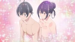 1boy 1girl animated anime_screenshot blush breast_press breasts collarbone completely_nude hair_bun haite_kudasai_takamine-san highres imagining large_breasts nipples nude red_eyes shirota_takashi sidelocks smile sound tagme takamine_takane video