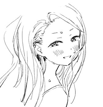 1girl blush greyscale kamiina_botan_yoeru_sugata_wa_yuri_no_hana kitamori_yaeka monochrome nazo_no_anime-dan parted_lips solo spaghetti_strap sweat upper_body