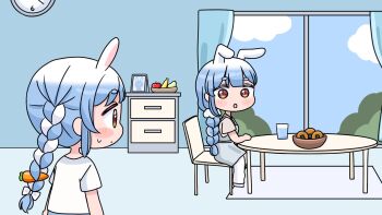 2girls :o animal_ears apron blue_hair blue_sky blush_stickers bow bowl braid brown_eyes brown_shirt carrot_hair_ornament chair chibi clock closed_mouth cloud commentary_request cup curtains day drinking_glass ears_down food food-themed_hair_ornament grey_apron hair_bow hair_ornament highres hololive indoors long_hair mochimiko mother_and_daughter multicolored_hair multiple_girls on_chair pants parted_lips pekomama rabbit_ears senbei shirt short_eyebrows short_sleeves sitting sky small_sweatdrop sweat table thick_eyebrows twin_braids twintails two-tone_hair usada_pekora very_long_hair virtual_youtuber wall_clock water white_bow white_hair white_pants white_shirt window