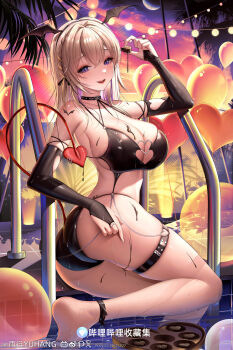 Rule 34 | 1girl, arm up, artist name, ass, ball, balloon, bare shoulders, barefoot, beachball, bikini, bilibili logo, black bikini, black gloves, blonde hair, box, box of chocolates, braid, breasts, bridal gauntlets, chocolate, cleavage, collarbone, commentary request, dusk, food, food on body, gloves, hair intakes, heart, heart-shaped box, heart balloon, heart o-ring, highres, holding, holding chocolate, holding food, large breasts, legs, long hair, looking at viewer, melting, moon, o-ring, open mouth, orange sky, original, outdoors, pixiv logo, pixiv username, pool ladder, poolside, purple eyes, sideboob, sidelocks, sitting, sky, smile, soaking feet, solo, string of light bulbs, sunset, swimsuit, tail, teeth, thigh strap, thighs, tile floor, tiles, tree, twitter x logo, upper teeth only, very long hair, yuxing yuhang