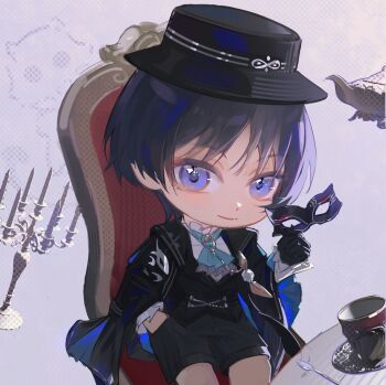 Rule 34 | 1boy, ascot, black cloak, black gloves, black hair, black hat, black shorts, black vest, blue ascot, blue gemstone, blunt ends, boater hat, brooch, candlestand, cat mask, chain, chair, chibi, chibi only, cloak, closed mouth, cup, domino mask, dress shirt, dterl, eye mask, eyeliner, eyeshadow, feathers, formal clothes, frilled shirt collar, frilled sleeves, frills, gem, genshin impact, gloves, gold chain, grey ascot, hand in pocket, hand up, hat, holding, holding mask, jewelry, kettle, layered ascot, looking at viewer, makeup, male focus, mask, official alternate costume, plate, pom pom (clothes), purple eyes, purple mask, red eyeliner, red eyeshadow, scaramouche (cat) (genshin impact), scaramouche (genshin impact), shirt, shorts, sitting, smile, solo, spoon, undershirt, vest, wanderer (genshin fes 2026) (genshin impact), wanderer (genshin impact), white shirt, white trim, wispy bangs, yellow feathers
