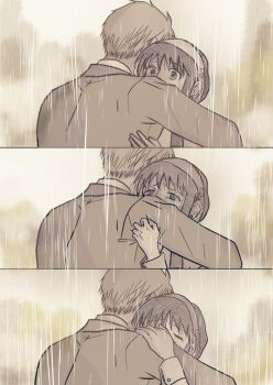 1boy 1girl blush closed_eyes clutching_clothes commentary_request couple earrings furrowed_brow hairband hetero highres hug jacket jewelry pinkmilkg rain sepia shirt sidelocks spy_x_family suit_jacket twilight_(spy_x_family) updo upper_body white_hairband white_shirt wide-eyed yor_briar