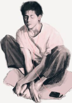 Rule 34 | 1boy, closed eyes, earphones, full body, highres, k05062688, listening to music, male focus, mito youhei, monochrome, pompadour, realistic, short hair, simple background, sitting, slam dunk (series), smile, solo, walkman, white background