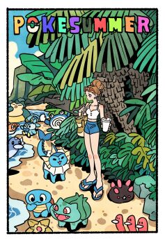 1girl bag bare_arms bare_legs bare_shoulders blue_sandals blue_shorts blue_sky border breasts brown_bag brown_hair bulbasaur buttons cleavage closed_mouth cloud collarbone cup disposable_cup dratini drink drinking_straw earrings english_text expressionless gen_1_pokemon gen_4_pokemon gen_7_pokemon green_eyes hair_bun high-waist_shorts highres holding holding_bag holding_drink island jewelry knees legendary_pokemon manaphy midriff multicolored_hair mythical_pokemon nintendo palm_tree piplup poke_ball pokemon pokemon_(creature) poliwhirl pyukumuku salazzle sandals shadow shore short_hair short_shorts shorts single_hair_bun sky snorlax spaghetti_strap sphere_earrings squirtle standing staryu streaked_hair summer takeuchi_ryousuke tank_top tatsugiri tatsugiri_(curly) tote_bag tree updo vaporeon white_border white_tank_top wugtrio