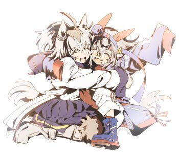 2girls aged_down ahoge animal_ears black_pantyhose blue_boots blue_hairband blue_jacket blue_sailor_collar blush boots closed_eyes commentary_request ear_covers ear_ornament fang grey_hair grey_tail hair_between_eyes hairband headband highres horse_ears horse_girl horse_tail hug jacket long_hair long_sleeves multicolored_hair multicolored_hairband multiple_girls neckerchief nooctadesu oguri_cap_(starlight_beat)_(umamusume) oguri_cap_(umamusume) open_mouth pants pantyhose pleated_skirt red_headband red_neckerchief sailor_collar shirt simple_background skirt sleeves_past_fingers sleeves_past_wrists smile striped_clothes striped_hairband tail tamamo_cross_(fast_as_lightning)_(umamusume) tamamo_cross_(umamusume) two-tone_hairband umamusume white_boots white_jacket white_pants white_shirt
