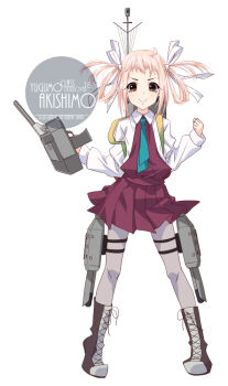 1girl adapted_turret akishimo_(destroyer) aqua_necktie boots cannon character_name clenched_hand commentary_request cosplay female_focus full_body grey_pantyhose halterneck inaba_shiki kantai_collection lace-up_boots looking_at_viewer machinery mast necktie original pantyhose personification pink_hair school_uniform ship_turret shirt simple_background solo twintails white_background white_shirt yuugumo_(kancolle) yuugumo_(kancolle)_(cosplay)