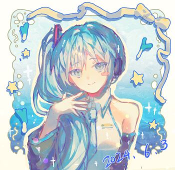 1boy absurdres aqua_eyes aqua_hair aqua_trim bare_shoulders black_sleeves blue_nails blush_stickers breasts chinese_commentary closed_mouth collared_shirt commentary_request dated detached_sleeves enderrabbit hand_up hatsune_miku highres long_hair looking_at_viewer medium_breasts meme necktie shirt side_ponytail sidetail_miku_noodle_stopper_(meme) single_blush_sticker sleeveless sleeveless_shirt smile solo spring_onion star_(symbol) upper_body vocaloid white_necktie white_shirt wing_collar