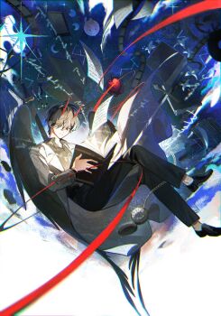 1boy animal apple biyoo_(omniscient_reader&#039;s_viewpoint) black_hair black_shirt black_wings book bug butterfly coat collared_shirt commentary crossed_legs cursive demon_horns elzfbrvsnr30247 english_commentary falling_paper feathered_wings film_reel floating food fruit glowing highres horns insect kim_dokja male_focus moon_phases omniscient_reader&#039;s_viewpoint open_book open_clothes open_coat pocket_watch scabbard sheath shirt short_hair solo sparkle string string_of_fate textless_version watch weapon weapon_on_back white_coat wings