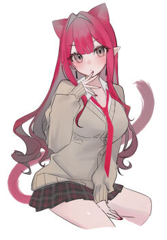 1girl absurdres animal_ears baobhan_sith_(fate) black_skirt blush breasts cat_ears cat_tail collared_shirt fate/grand_order fate_(series) grey_eyes grey_sweater highres large_breasts long_hair long_sleeves looking_at_viewer mikon_(nicknqme) necktie pink_hair pointy_ears shirt sidelocks skirt solo sweater tail thighs white_shirt