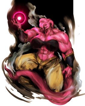 1girl absurdres breasts clenched_teeth colored_skin dragon_ball dragonball_z energy energy_ball female_majin full_body grin highres huge_breasts long_tail original pants pink_skin red_eyes smile smoke tail teeth tentacle_hair witnesstheabsurd yellow_pants