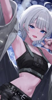 1girl absurdres ahoge arm_up armpits bare_shoulders belt black_nails black_shirt black_shorts blue_eyes blurry bokeh breast_pocket breasts commentary cowboy_shot crop_top depth_of_field earpiece fang gosegu grey_jacket hand_up highres jacket jewelry looking_at_viewer midriff mixed-language_commentary multiple_rings nail_polish navel necklace off_shoulder open_mouth pocket ring sei_(0724sei6) shirt short_hair shorts sleeveless sleeveless_shirt small_breasts smile solo stomach virtual_youtuber waktaverse white_hair