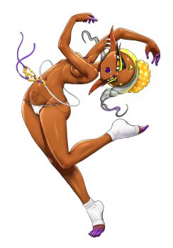 1girl arched_back belt bikini blonde_hair blush breasts cameltoe charm_(object) clothing_cutout colored_eyelashes colored_tongue cross-shaped_pupils dancing dark-skinned_female dark_skin ear_blush earrings fangs frye_(splatoon) full_body gradient_hair groin hair_ornament highres inkling jewelry koharu2.5 long_hair looking_at_viewer lowleg lowleg_bikini medium_breasts multicolored_hair multiple_earrings navel nintendo nose_blush open_mouth pink_background pointy_ears pointy_nose polka_dot polka_dot_hair pom_pom_(clothes) pom_pom_hair_ornament purple_hair purple_mouth purple_tongue simple_background splatoon_(series) swimsuit symbol-shaped_pupils tentacle_hair toeless_socks topless_female twintails white_bikini wide_hips yellow_eyes yellow_pupils