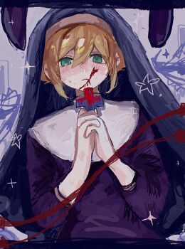 Rule 34 | 1boy, alternate costume, basil (faraway) (omori), basil (omori), black dress, black veil, blonde hair, blood, blood on face, chromatic aberration, closed mouth, commentary request, cross, crossdressing, crossdressing (mtf), double-parted bangs, dress, film grain, frown, green eyes, grey background, hair between eyes, hands up, highres, holding, holding cross, interlocked fingers, letterboxed, long sleeves, looking at viewer, male focus, nun, omori, own hands clasped, own hands together, puffy long sleeves, puffy sleeves, short hair, simple background, solo, sparkle, star (symbol), straight-on, sweat, tokkooyaku, upper body, veil
