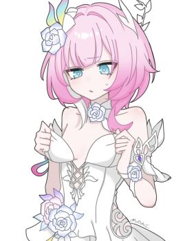 1girl bare_shoulders blue_eyes breasts cyrene_(aedes_elysiae)_(honkai:_star_rail) cyrene_(honkai:_star_rail) cyrene_(ripples_of_past_reverie)_(honkai:_star_rail) dress flower hair_flower hair_ornament hashtag-only_commentary honkai:_star_rail honkai_(series) multicolored_hair parted_lips pink_hair self_cosplay short_hair simple_background small_breasts solo twitter_username two-tone_hair v10chv5 white_background white_dress white_hair