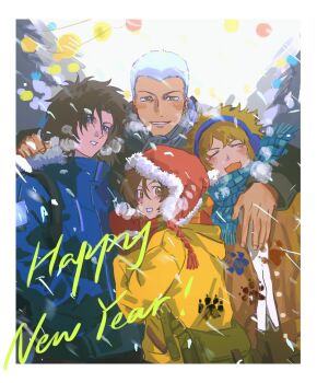 4boys arm_around_shoulder blue_eyes border brown_eyes brown_hair brown_jacket coat earmuffs grey_hair happy_new_year hat hige_(wolf's_rain) highres jacket kiba_(wolf's_rain) mauvh multiple_boys new_year parted_lips red_hat snowing toboe_(wolf's_rain) tsume_(wolf's_rain) white_border winter_clothes winter_coat wolf's_rain