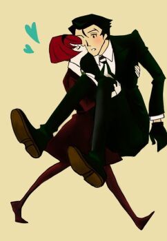 1boy 1girl android black_hair carrying formal_clothes gloves hairband heart hetero kiss necktie princess_carry r_dorothy_wayneright red_hair reverse_princess_carry roger_smith suit the_big_o