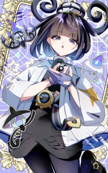 1girl :o belt belt_buckle black_dress black_hair black_pantyhose black_shoes blue_gloves bob_cut buckle chandelure coat dress evolutionary_line gen_5_pokemon gloves gwynn_(pokemon) hat highres holding holding_poke_ball lampent leg_up litwick long_sleeves looking_at_viewer nest_ball nintendo o-ring o-ring_belt open_clothes open_coat open_mouth pantyhose partially_fingerless_gloves poke_ball pokemon pokemon_(creature) pokemon_legends:_z-a portrait_(object) purple_eyes shoes short_hair star_(symbol) white_coat wide_sleeves y_a_z