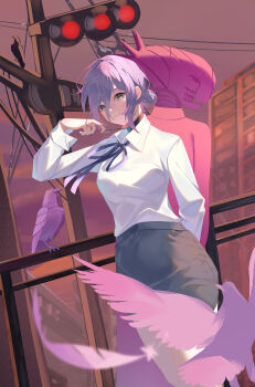 1girl absurdres bird black_choker black_shorts bomb_devil_(chainsaw_man) building chainsaw_man choker city closed_mouth collared_shirt crow green_eyes hair_bun highres long_sleeves neck_ribbon outdoors purple_hair purple_ribbon railroad_signal reze_(chainsaw_man) ribbon sama_1421598740 shirt shirt_tucked_in shorts smile white_shirt