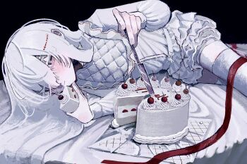 Rule 34 | 1girl, artist name, black background, cake, cake slice, cherry, colored eyelashes, food, frilled shirt collar, frilled shorts, frills, fruit, grey eyes, half-closed eyes, highres, holding, holding food, holding knife, horizontal pupils, knife, long hair, long sleeves, lying, nemunoki (u uo), on bed, on side, original, ribbon, shorts, solo, thighhighs, white hair