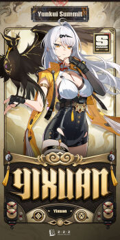 1girl ahoge armlet black_gloves black_shorts breasts cleavage commentary_request cowboy_shot fingerless_gloves gloves hair_ornament hairclip high-waist_shorts highres jewelry large_breasts long_hair looking_at_viewer official_art parted_lips shorts solo standing thigh_strap thighs very_long_hair white_hair yellow_eyes yixuan_(zenless_zone_zero) zenless_zone_zero