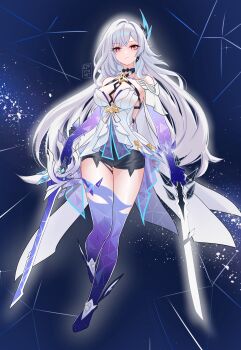 1girl absurdres azurelight_(genshin_impact) black_shorts breasts cleavage commentary_request dress dual_wielding ejpytr genshin_impact highres holding holding_sword holding_weapon large_breasts long_hair prosthesis prosthetic_arm prosthetic_leg revision shorts skirk_(genshin_impact) sky solo space star_(sky) starry_sky sword very_long_hair weapon white_dress white_hair