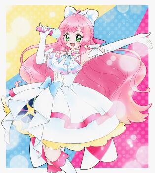 Rule 34 | 1girl, arm up, ascot, blue background, blue bow, boots, bow, braid, brooch, center frills, colorful background, commentary, cowboy shot, crown braid, cure prism, dress, dress bow, earrings, elbow gloves, frills, glove bow, gloves, green eyes, hair bow, hidesato (user xhje2235), highres, hirogaru sky! precure, holding, jewelry, knee boots, layered dress, lens flare, light particles, long hair, looking at viewer, magical girl, medium dress, nijigaoka mashiro, open mouth, pink background, pink hair, polka dot, polka dot background, precure, side braids, sky mirage, sleeveless, sleeveless dress, smile, solo, standing, very long hair, white ascot, white boots, white bow, white dress, white gloves, wing brooch, yellow background