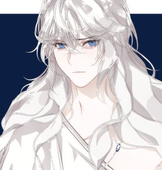 1boy bedge blue_eyes commentary degrees_of_lewdity english_commentary highres ivory_wraith ivory_wraith_(male) jewelry long_hair looking_at_viewer necklace portrait shirt solo white_hair white_shirt