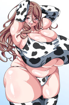 1girl acryl_c animal_print armpits arms_behind_head belly blush breasts brown_hair cleavage cleavage_cutout clothing_cutout cow_print cow_print_gloves cow_print_panties cow_print_shirt cow_print_thighhighs crop_top elbow_gloves fat fat_woman gigantic_breasts glasses gloves highres long_hair navel open_mouth original panties pink_eyes plump print_gloves print_thighhighs round_eyewear shirt skindentation sleeveless sleeveless_shirt solo standing thick_thighs thighhighs thighs tongue underwear white_background