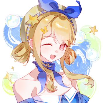 1girl anyan44993 bare_shoulders beret blonde_hair blue_bow blue_bowtie blue_choker blue_dress blue_sleeves bow bow_choker bowtie brooch brown_eyes bubble bubbly_voyage_(infinity_nikki) choker collarbone collared_dress commentary detached_sleeves dot_nose dress eyelashes floating_hair frilled_choker frilled_sleeves frills hair_intakes hair_ornament hair_rings hairclip halftone halftone_background happy hat hat_bow hat_ornament highres infinity_nikki jewelry looking_at_viewer nikki_(series) one_eye_closed open_mouth rabbit_hair_ornament short_hair_with_long_locks short_sleeves sidelocks smile solo star_(symbol) star_choker star_hat_ornament strapless strapless_dress symbol-only_commentary upper_body white_background wind