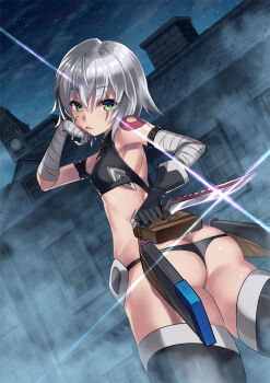 1girl ass bandaged_arm bandages bare_shoulders black_gloves black_panties black_thighhighs boots butt_crack clock clock_tower commentary_request facial_scar fate/apocrypha fate/grand_order fate_(series) fog gia_kon glint gloves green_eyes grey_hair hand_on_own_face holding holding_knife holding_weapon jack_the_ripper_(fate/apocrypha) knife looking_at_viewer outdoors panties scar scar_across_eye scar_on_cheek scar_on_face sheath short_hair single_glove solo standing thigh_boots thighhighs tongue tongue_out tower underwear weapon window