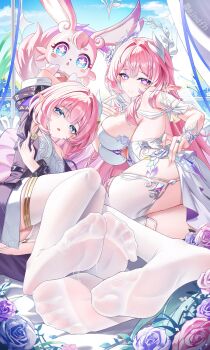 2girls absurdres blue_eyes breasts coat commentary_request cum cum_on_body cum_on_feet cyrene_(aedes_elysiae)_(honkai:_star_rail) cyrene_(honkai:_star_rail) cyrene_(ripples_of_past_reverie)_(honkai:_star_rail) diamond-shaped_pupils diamond_(shape) dress dual_persona feet flower foot_focus halo highres honkai:_star_rail honkai_(series) jewelry jndfh large_breasts long_hair looking_at_viewer lying mem_(honkai:_star_rail) multiple_girls on_side pink_hair pointy_ears purple_coat purple_eyes ring short_hair sideboob small_breasts soles star-shaped_pupils star_(symbol) symbol-shaped_pupils thighhighs toes very_long_hair wedding_ring white_dress white_thighhighs